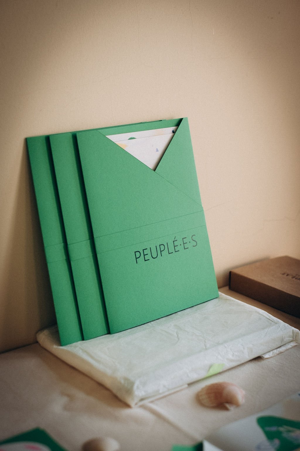 Trois exemplaires du livre Peuplé·e·s, à couverture verte, posés contre un mur