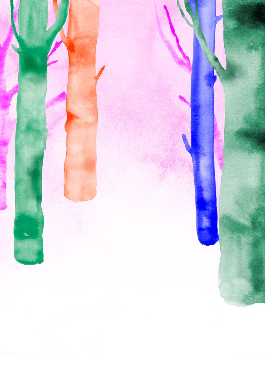 Illustration de Waii Waii pour Les Lueurs : troncs d’arbres à l’aquarelle, verts, orange et bleus